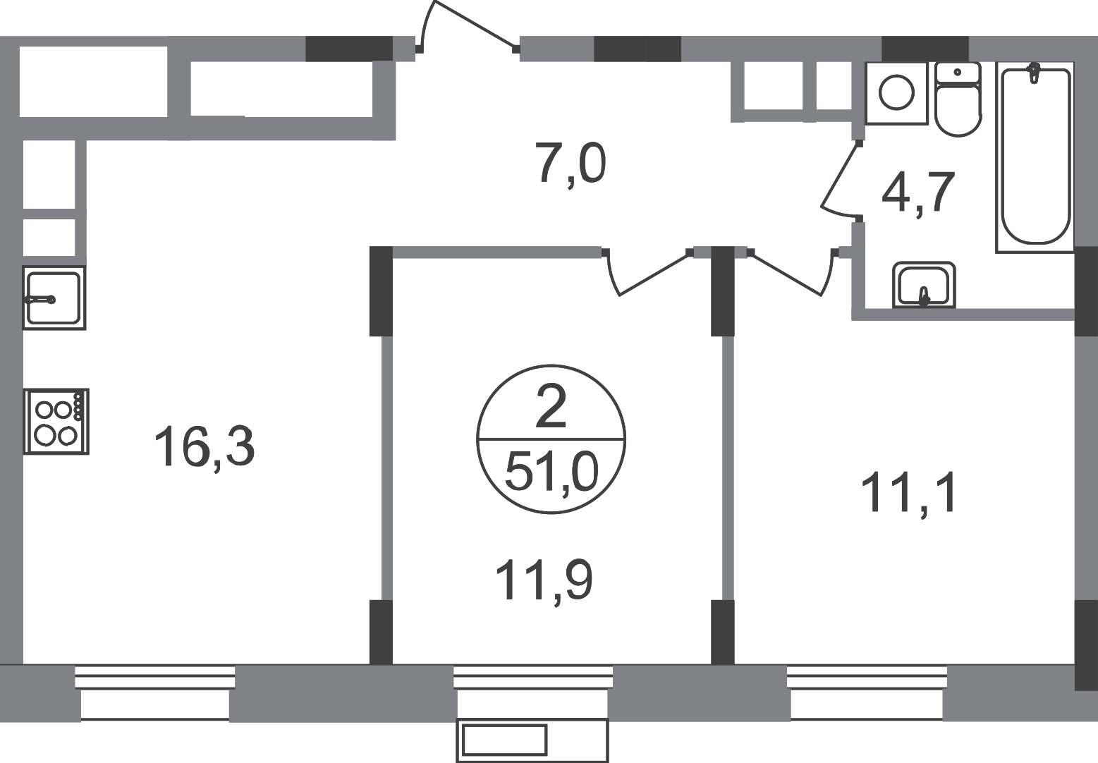 2 комн. квартира, 51 м², 3 этаж  (из 9)