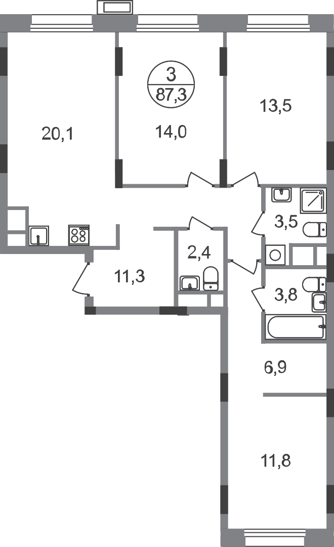 3 комн. квартира, 87.3 м², 5 этаж  (из 9)