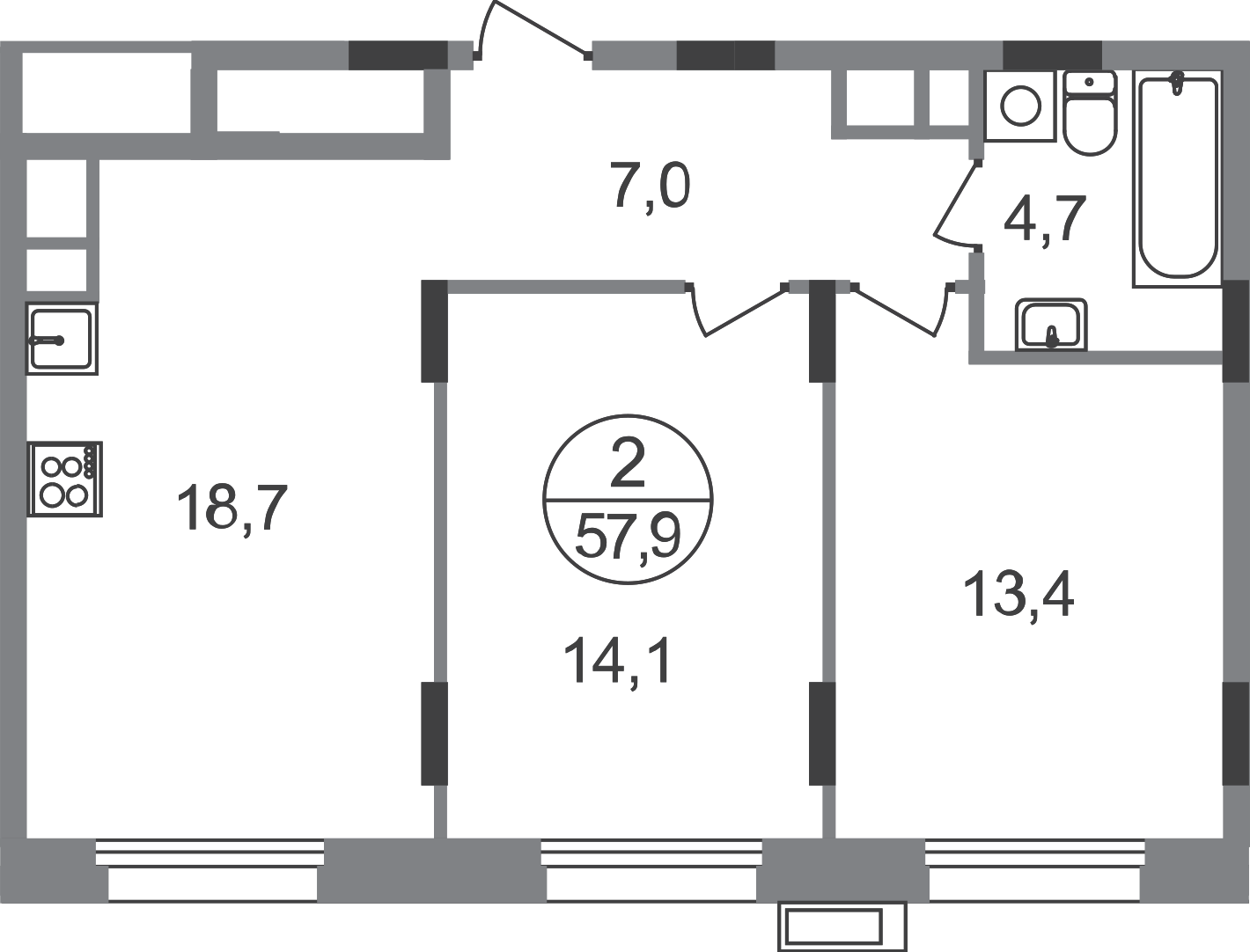 2 комн. квартира, 57.9 м², 8 этаж  (из 9)