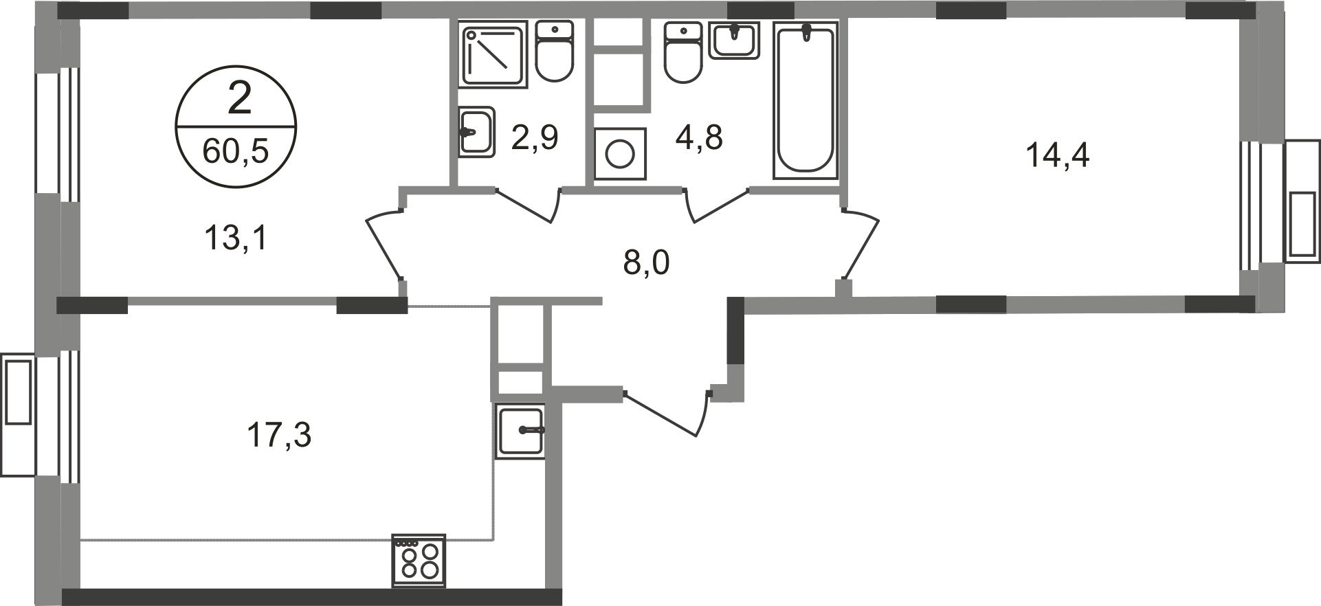 2 комн. квартира, 60.5 м², 3 этаж  (из 9)