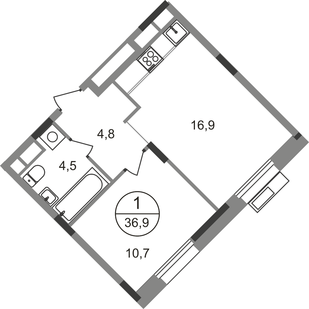 1 комн. квартира, 36.9 м², 3 этаж  (из 9)