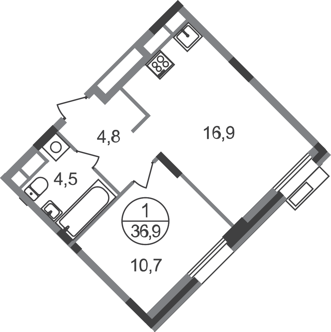 1 комн. квартира, 36.9 м², 6 этаж  (из 9)