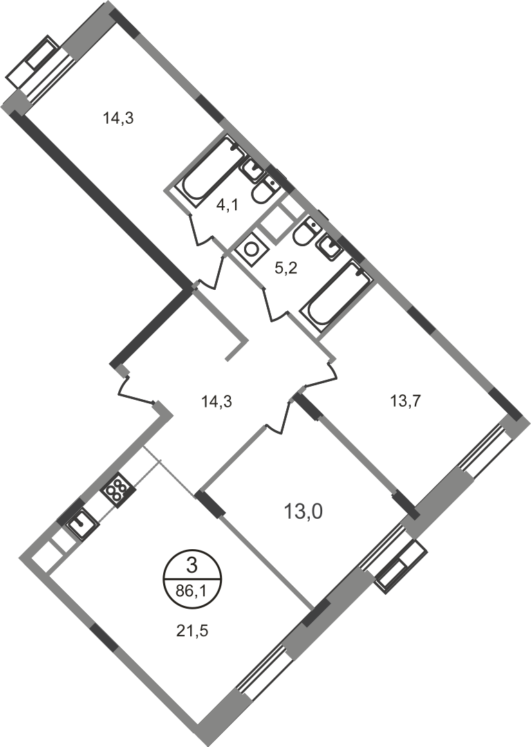 3 комн. квартира, 86.1 м², 4 этаж  (из 9)
