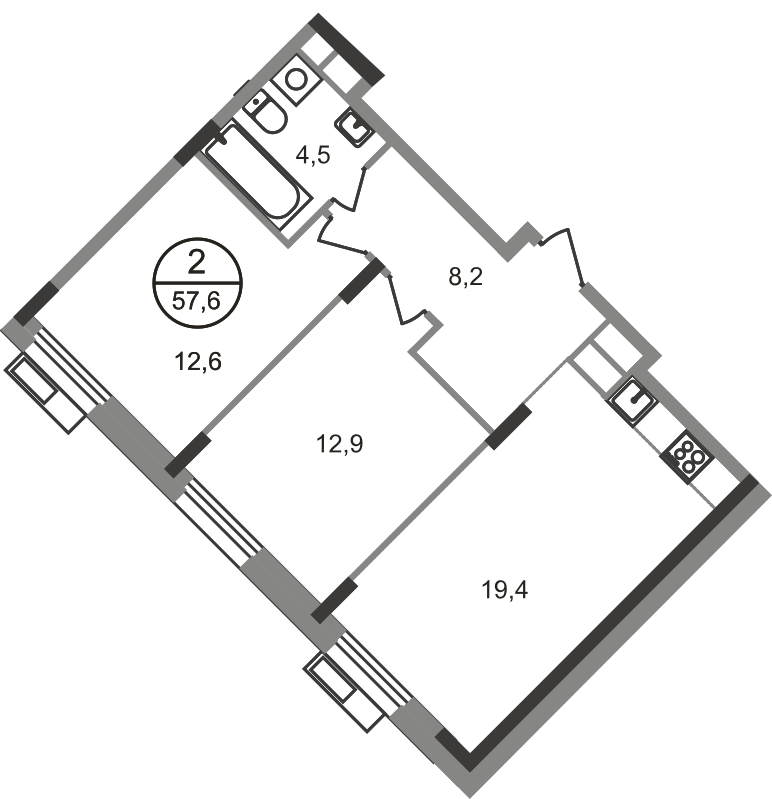 2 комн. квартира, 57.6 м², 3 этаж  (из 9)