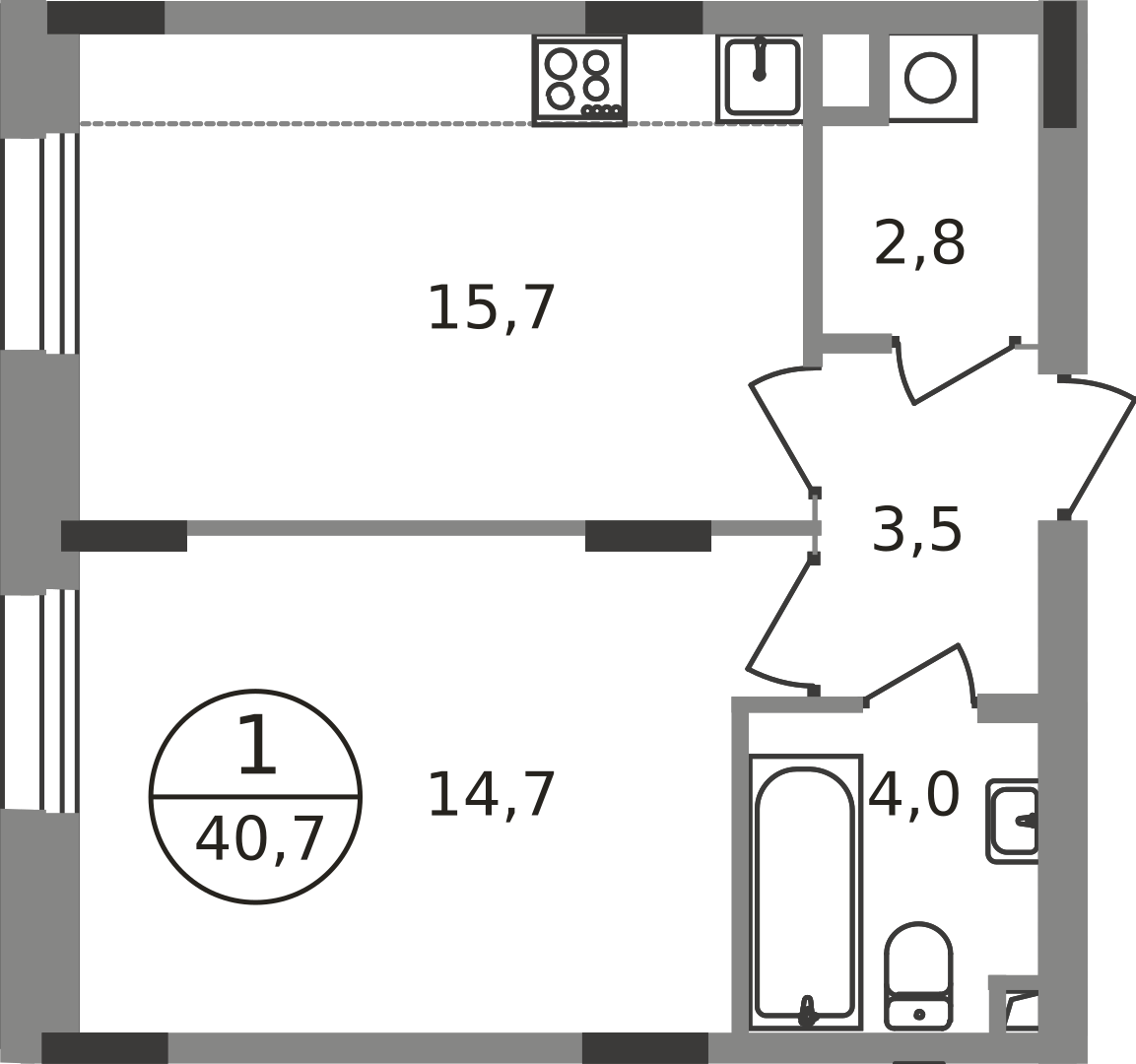 1 комн. квартира, 40.7 м², 1 этаж  (из 9)