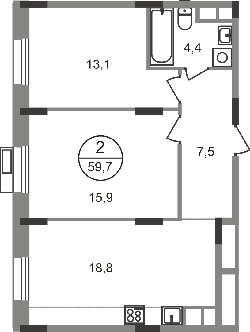 2 комн. квартира, 59.7 м², 5 этаж  (из 9)