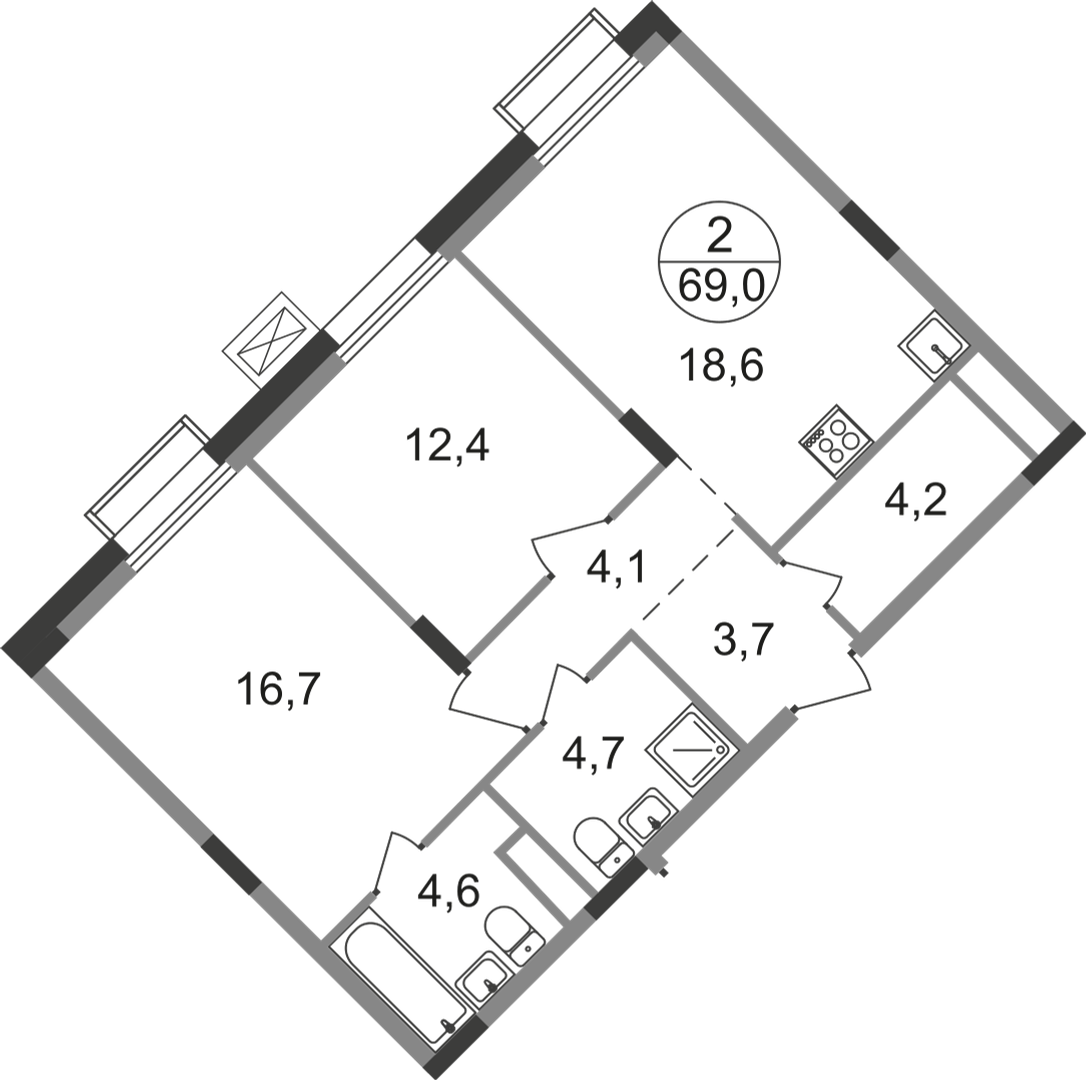 2 комн. квартира, 69 м², 4 этаж  (из 9)