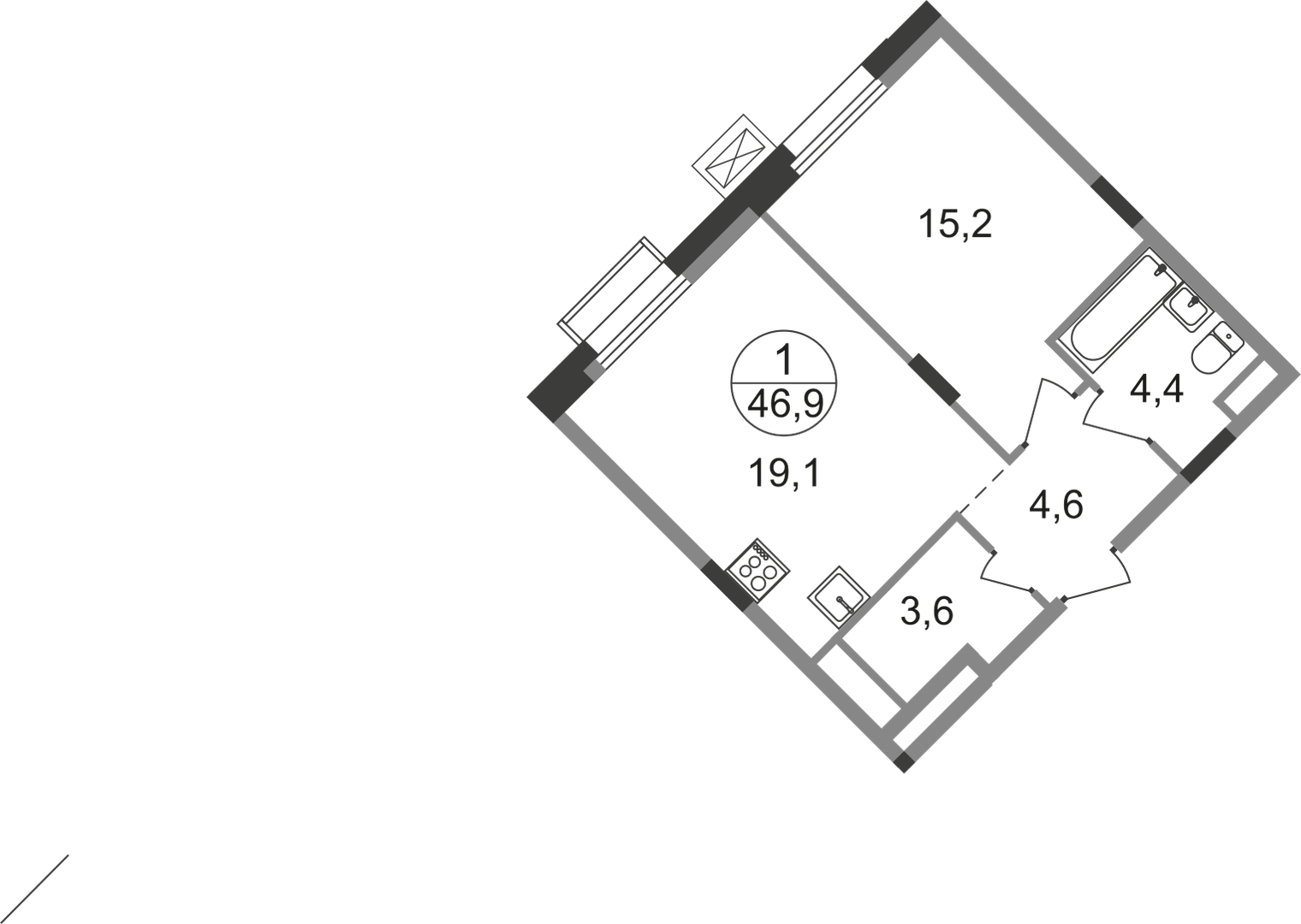 1 комн. квартира, 46.9 м², 7 этаж  (из 9)