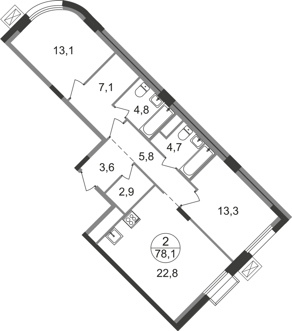 2 комн. квартира, 78.1 м², 7 этаж  (из 9)