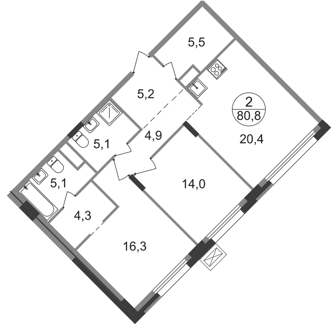 2 комн. квартира, 80.8 м², 5 этаж  (из 9)