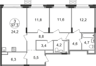 3 комн. квартира, 97.3 м², 5 этаж  (из 9)