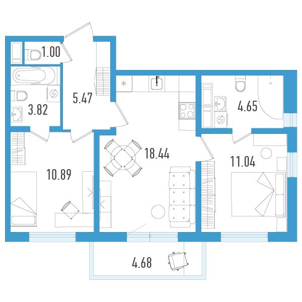 1 комн. квартира, 56.7 м², 4 этаж 