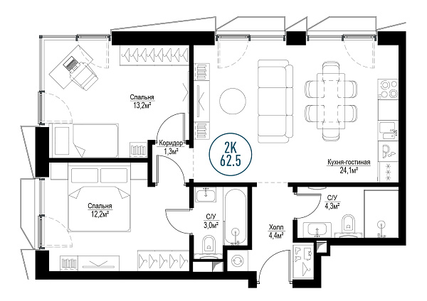 2 комн. квартира, 61.4 м², 28 этаж 