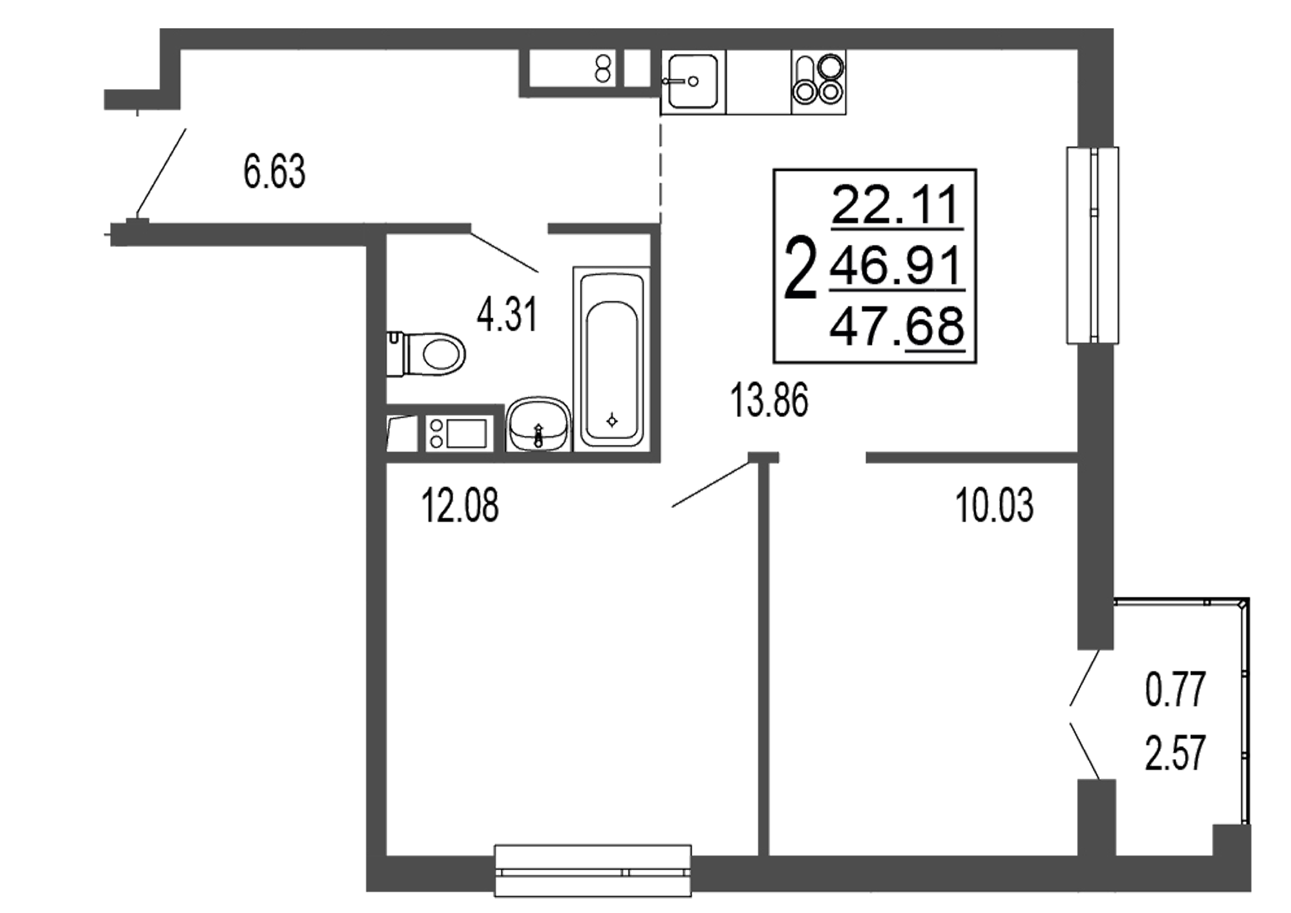 2 комн. квартира, 48.5 м², 9 этаж 
