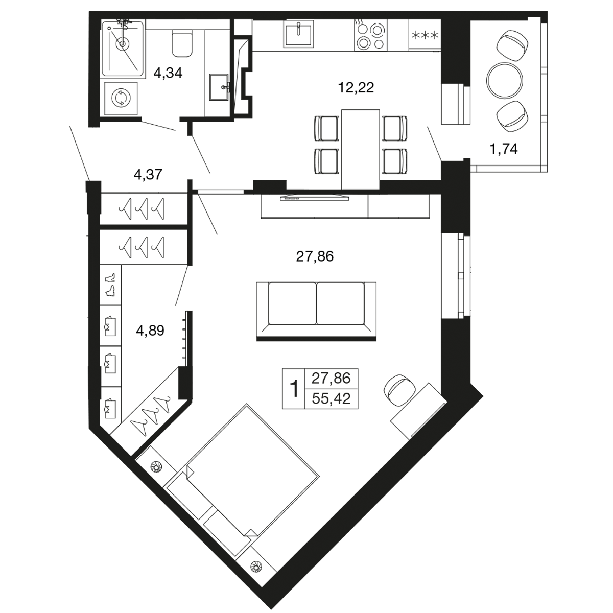 1 комн. квартира, 55.4 м², 6 этаж 