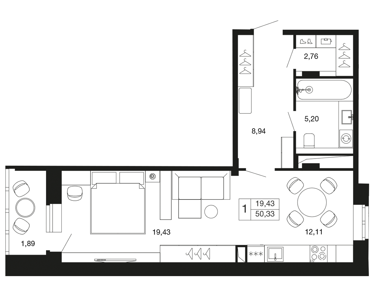 студия, 50.3 м², 5 этаж 