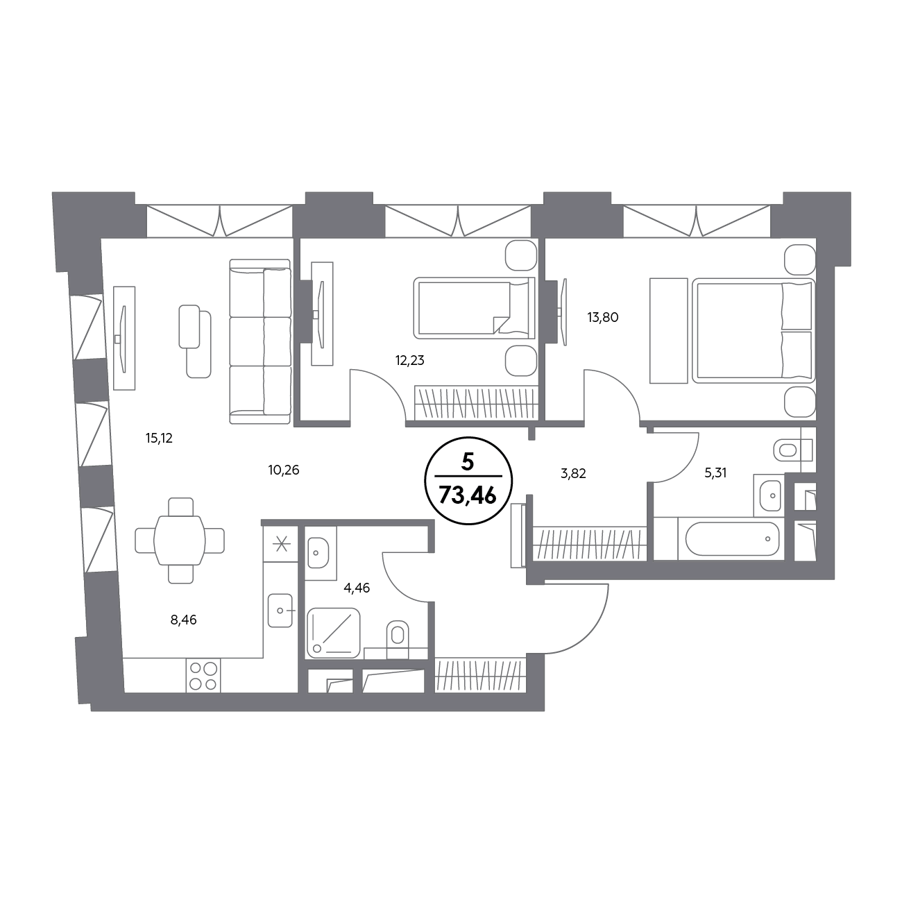 2 комн. квартира, 73.6 м², 2 этаж 