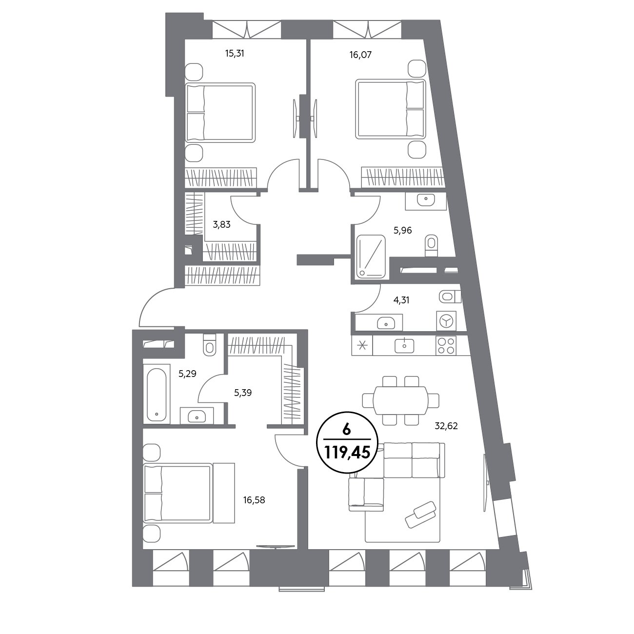 3 комн. квартира, 119.7 м², 2 этаж 