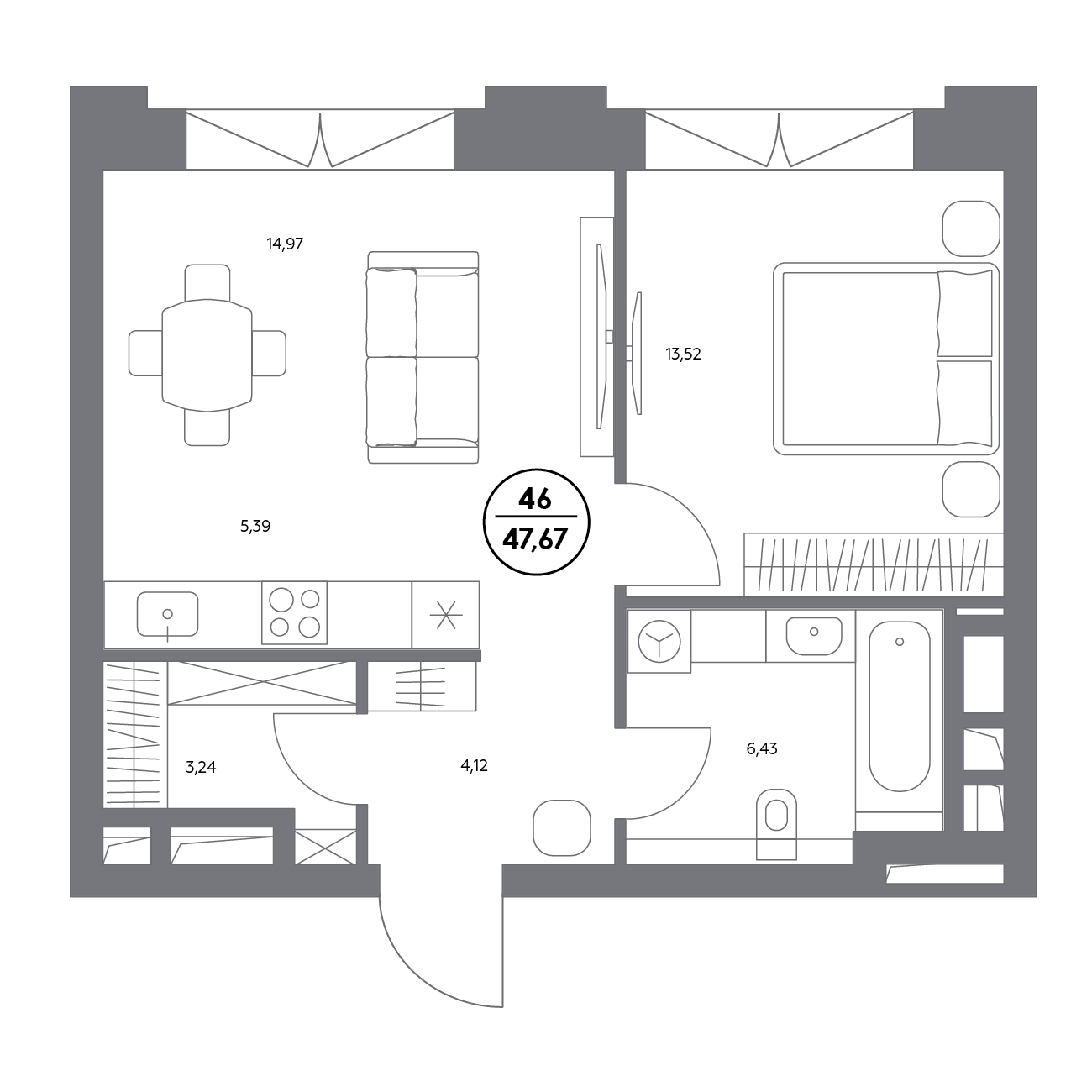 1 комн. квартира, 47.6 м², 4 этаж 