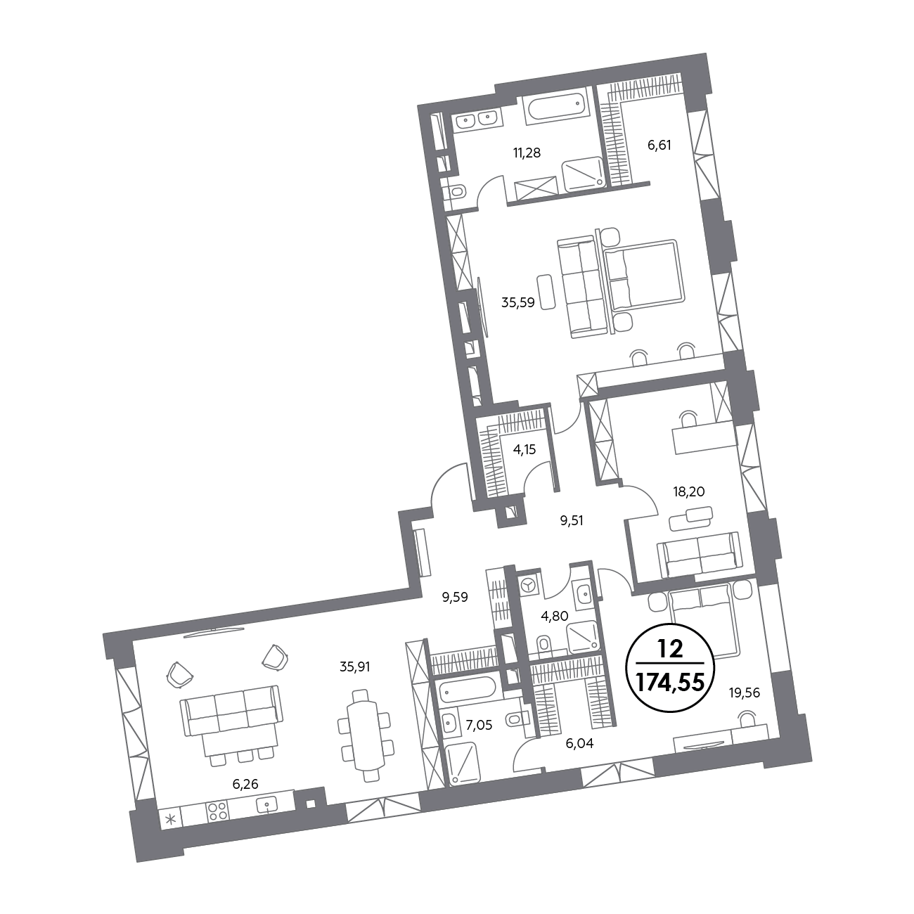 3 комн. квартира, 174.7 м², 2 этаж 