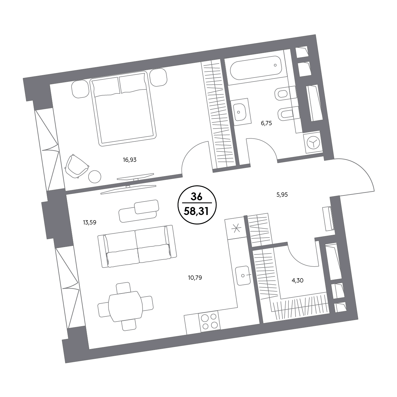 1 комн. квартира, 58.4 м², 3 этаж 