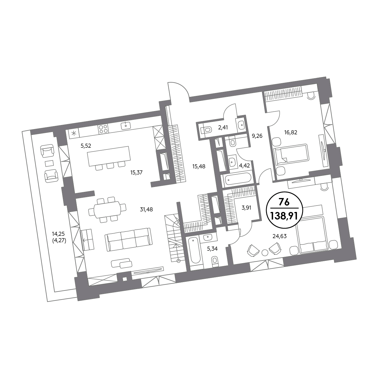2 комн. квартира, 138.9 м², 6 этаж 