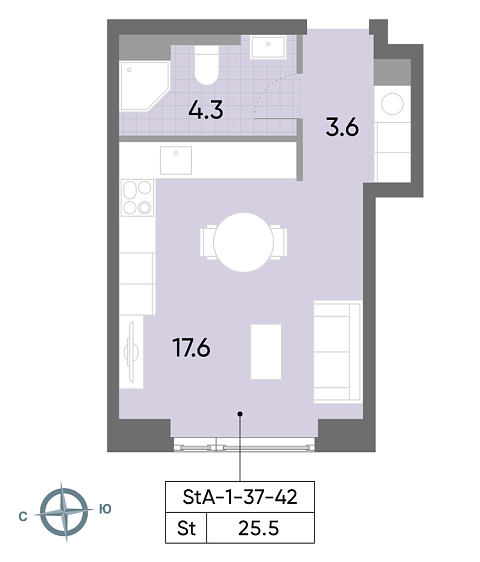 студия, 25.5 м², 38 этаж 