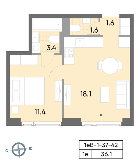 студия, 36.1 м², 42 этаж 