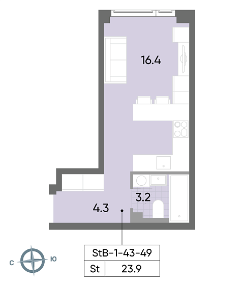 студия, 23.9 м², 49 этаж 