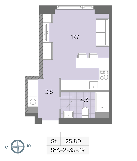 студия, 25.8 м², 39 этаж 