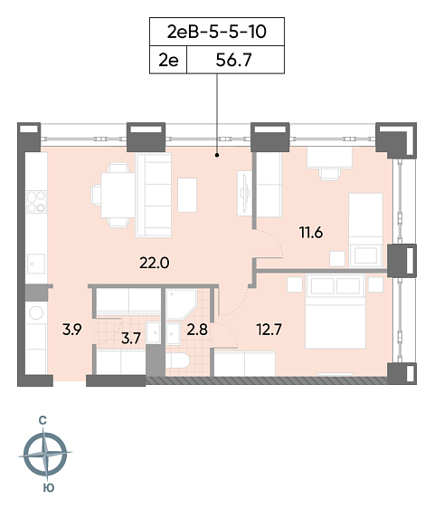 1 комн. квартира, 56.7 м², 7 этаж 