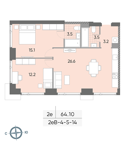 1 комн. квартира, 64.1 м², 6 этаж 
