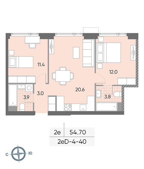 1 комн. квартира, 54.7 м², 40 этаж 