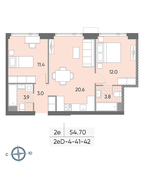 1 комн. квартира, 54.7 м², 41 этаж 