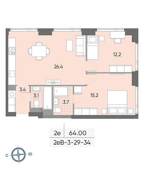1 комн. квартира, 64 м², 30 этаж 