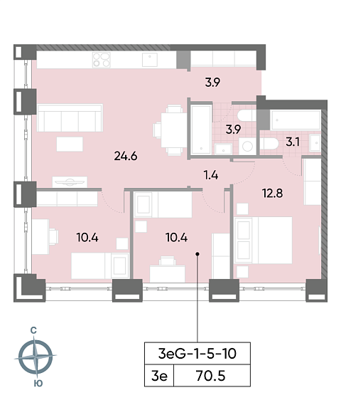 2 комн. квартира, 70.5 м², 10 этаж 