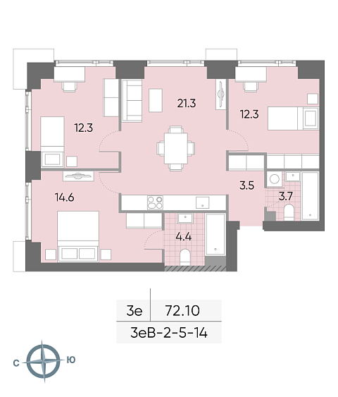 2 комн. квартира, 72.1 м², 11 этаж 