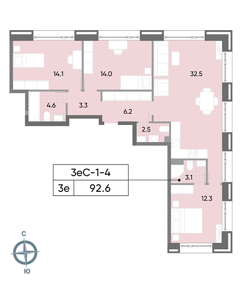 2 комн. квартира, 92.6 м², 4 этаж 