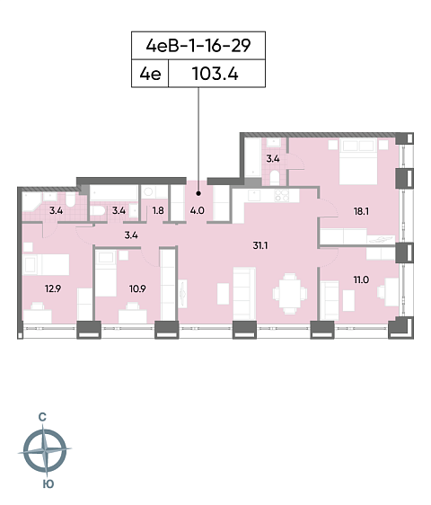 3 комн. квартира, 103.4 м², 19 этаж 