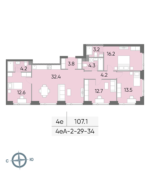 3 комн. квартира, 107.1 м², 29 этаж 