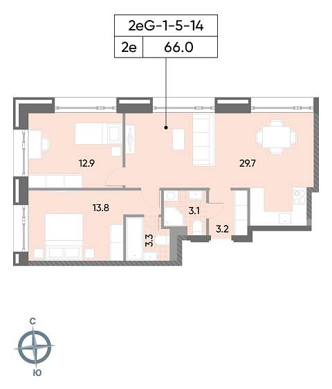 1 комн. квартира, 66 м², 14 этаж 