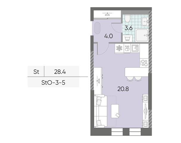 студия, 28.4 м², 5 этаж 