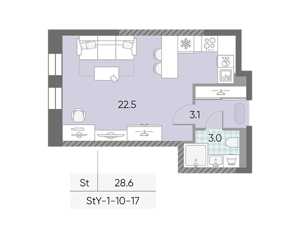 студия, 28.6 м², 16 этаж 