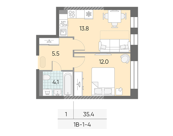 1 комн. квартира, 35.4 м², 4 этаж 