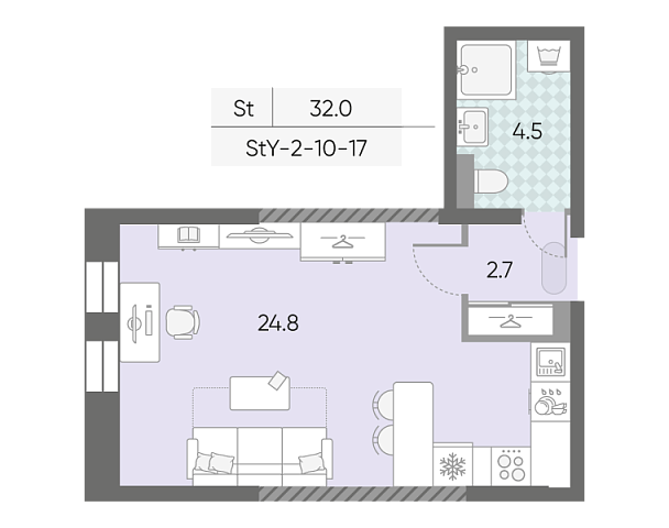 студия, 32 м², 11 этаж 