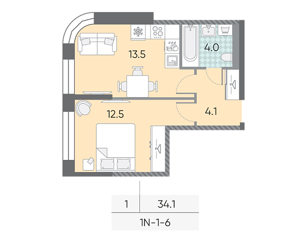 1 комн. квартира, 34.1 м², 6 этаж 