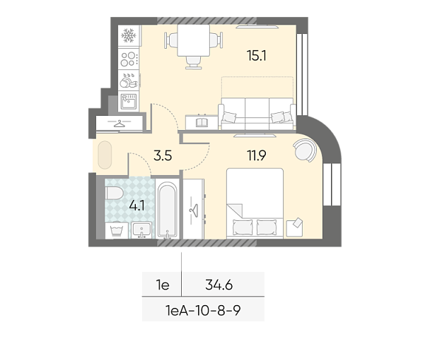 студия, 34.6 м², 8 этаж 