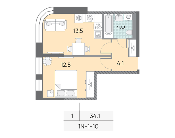 1 комн. квартира, 34.1 м², 10 этаж 