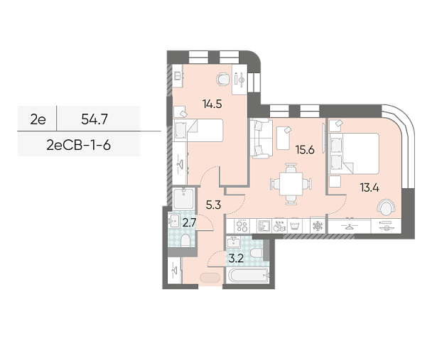 1 комн. квартира, 54.7 м², 6 этаж 