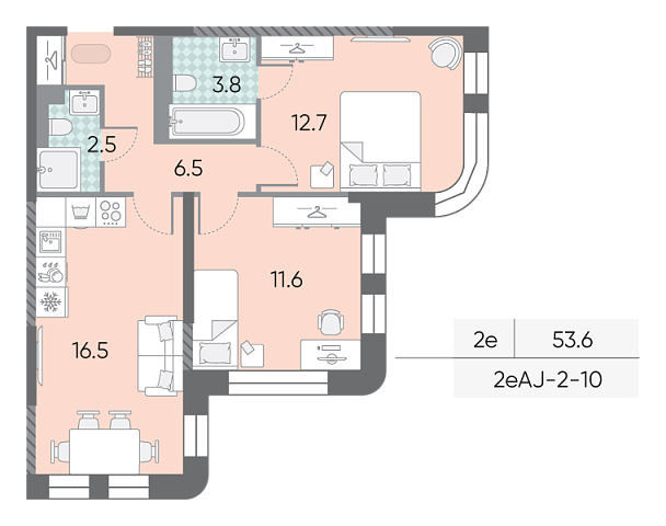 1 комн. квартира, 53.6 м², 10 этаж 